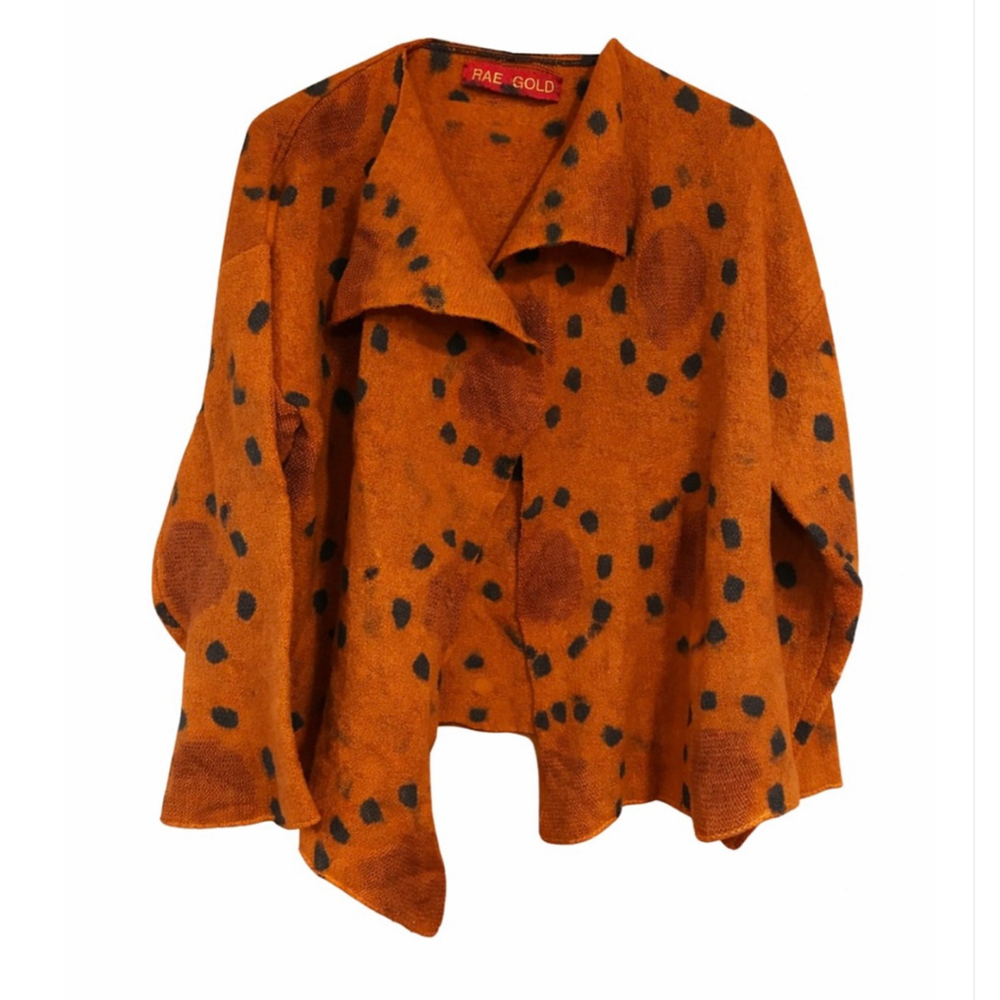 Rae Gold Rust Polka Dot Draped Knit Cardigan Artwear Lagenlook Boho